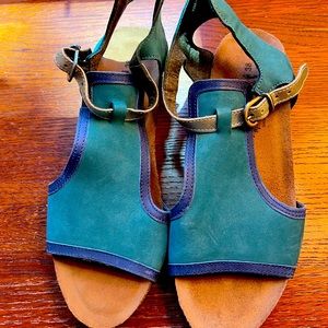 Turquoise blue and silver suede Naot sandals